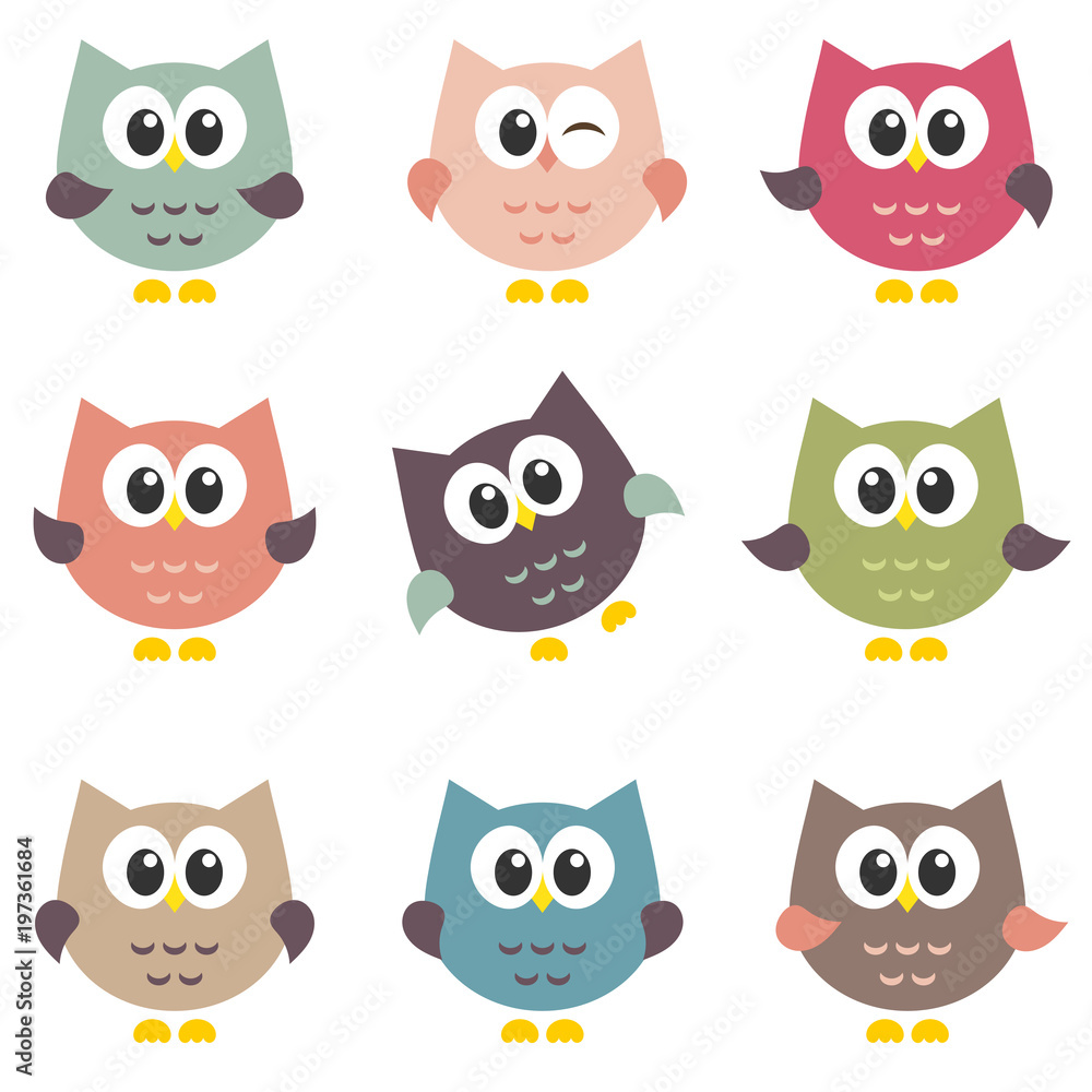 set of cute owls isolated on white background set of cute owls isolated on white background