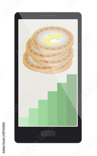 litecoin coins with growth graph on a phone screen