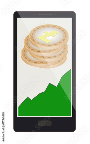 litecoin coins with growth graph on a phone screen