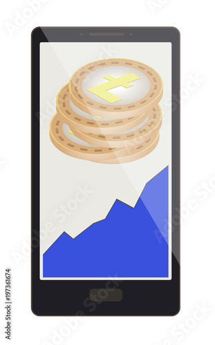 litecoin coins with growth graph on a phone screen