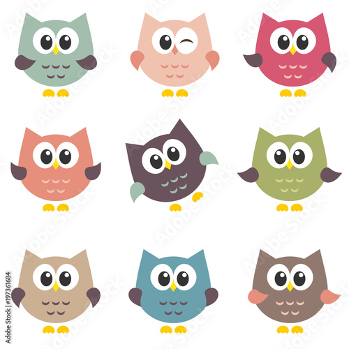 set of cute owls isolated on white background