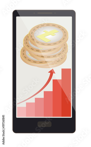 litecoin coins with growth graph on a phone screen