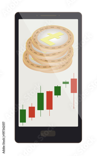 litecoin coins with candlestick chart on a phone screen