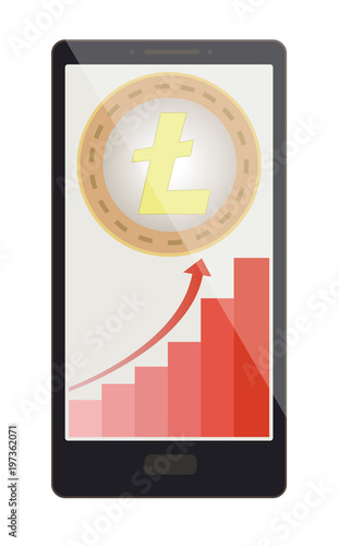 litecoin coin with growth graph on a phone screen
