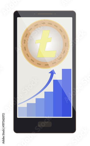litecoin coin with growth graph on a phone screen