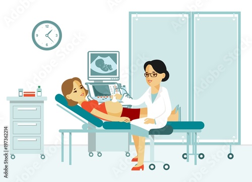 Medicine concept ultrasound scan and diagnostics in flat style. Young doctor woman scanning pregnant with ultrasound scanner machine in hospital office. Consultation and medical diagnosis.