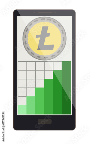 litecoin coin with growth graph on a phone screen