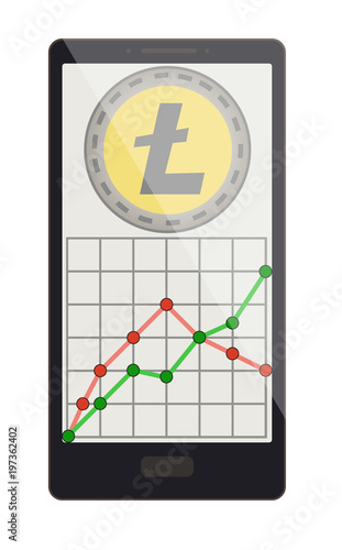 litecoin coin with growth graph on a phone screen