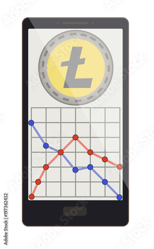 litecoin coin with growth graph on a phone screen