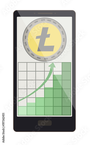 litecoin coin with growth graph on a phone screen