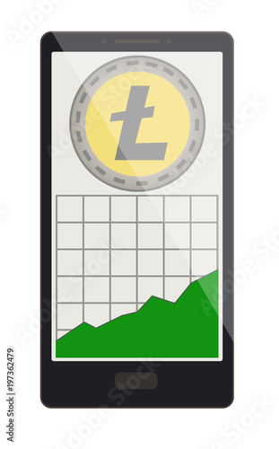 litecoin coin with growth graph on a phone screen