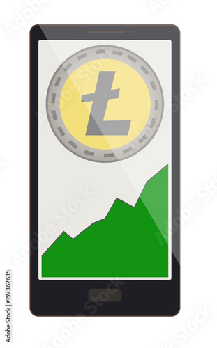 litecoin coin with growth graph on a phone screen