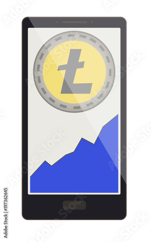 litecoin coin with growth graph on a phone screen