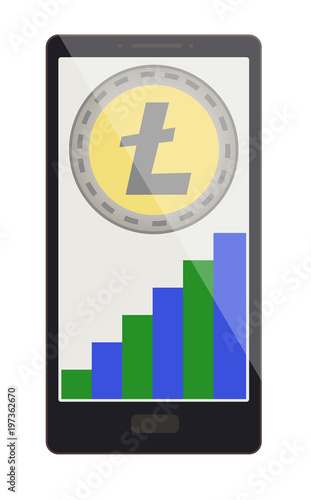 litecoin coin with growth graph on a phone screen
