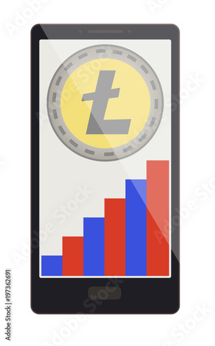 litecoin coin with growth graph on a phone screen