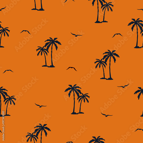 Seamless palm trees pattern. Vector tropical background with palms and seagulls silhouettes.