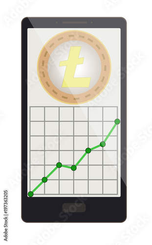 litecoin coin with growth graph on a phone screen