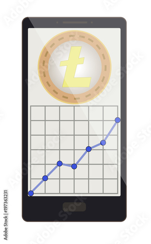 litecoin coin with growth graph on a phone screen