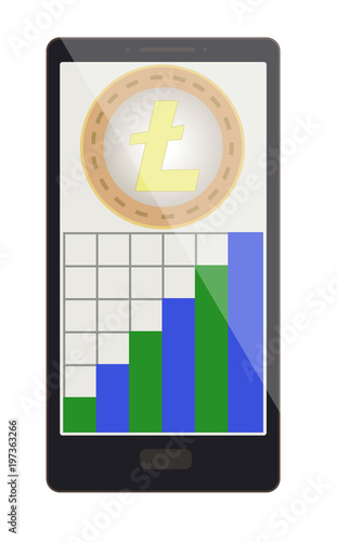 litecoin coin with growth graph on a phone screen