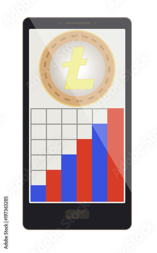 litecoin coin with growth graph on a phone screen