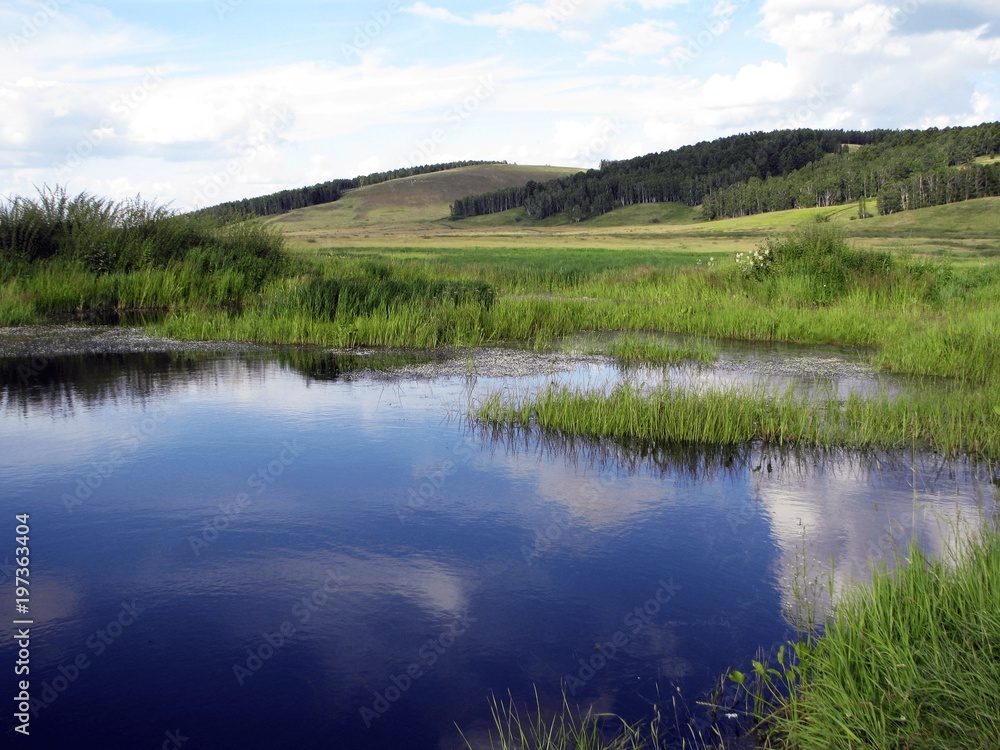 landscape with a lake and a field landscape with a lake and a field