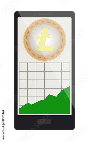 litecoin coin with growth graph on a phone screen