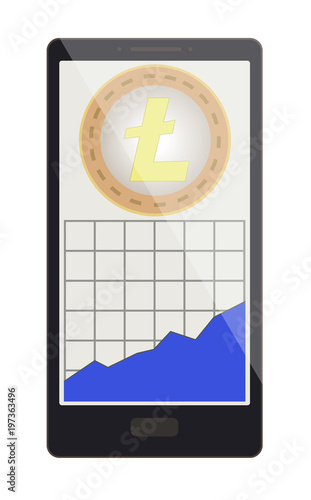 litecoin coin with growth graph on a phone screen