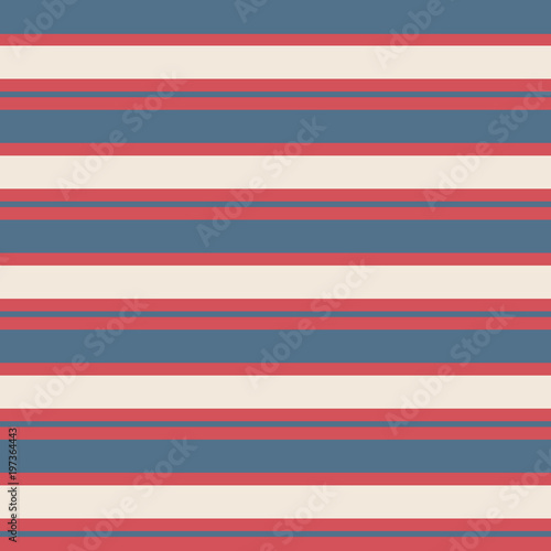 Seamless vector stripe vintage pattern with colored horizontal parallel stripes red, blue and cream background.