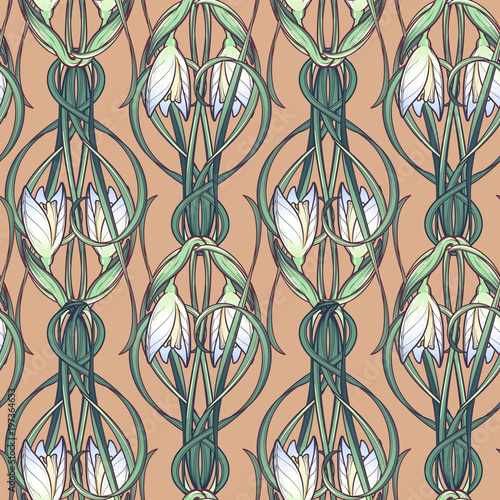 Spring flowers. Snowdrop flowers interlaced into an intricate ornament on a beige background. Art Nouveau style drawing. Seamless pattern with a vertical rhythm. EPS10 vector