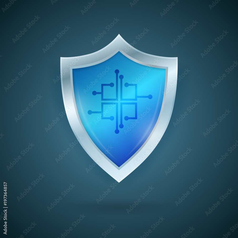 Blue shield with a chip. Smart data protection concept. Technology vector illustration. Blue shield with a chip. Smart data protection concept. Technology vector illustration.