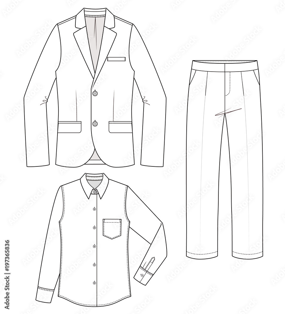 Front and Back illustrator flat drawing of a suit jacket and trousers The  trouser  Jacket drawing Fashion illustration sketches dresses Fashion  design drawings