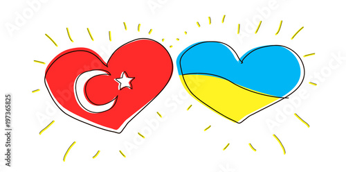 Doodle illustration: friendship between Turkey and Ukraine. Country flag. Symbol popular turism. International love. Kids hand drawn heart. Outline sketch. Turkish and ukraine politics relationship
