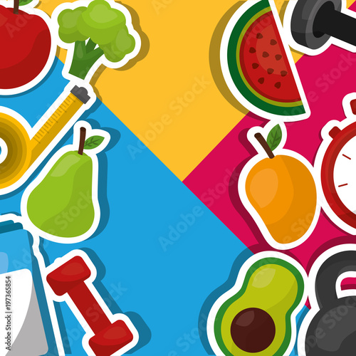 healthy lifestyle fitness sport fruits vegetables background vector illustration