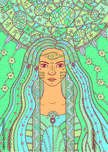 Fairy tale girl with floral and waterdrop hair on plant background. Hand drawn art with witch and dreamcatcher. Vector illustration