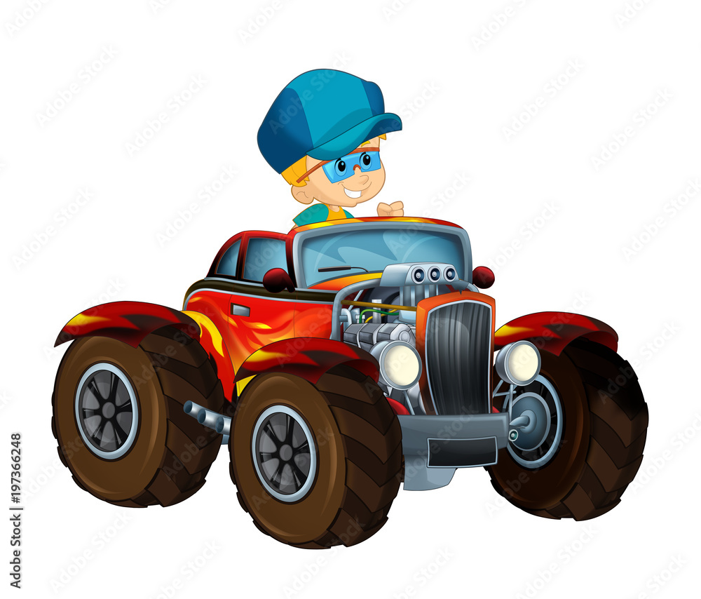 happy cartoon scene with child - boy - in hot rod cabriolet - illustration for children happy cartoon scene with child - boy - in hot rod cabriolet - illustration for children