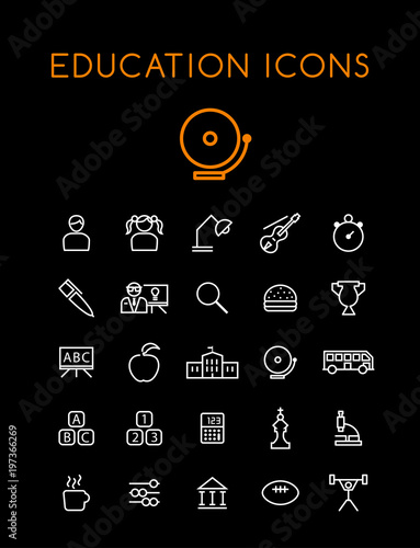 Set of Minimal Education Thin Line Icons on Black Background