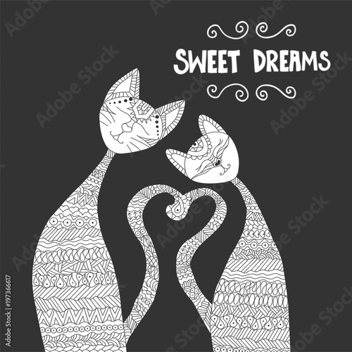 Two cats in love. Antistress coloring book. Hand drawn elements for your designs dress, poster, card, t-shirt.