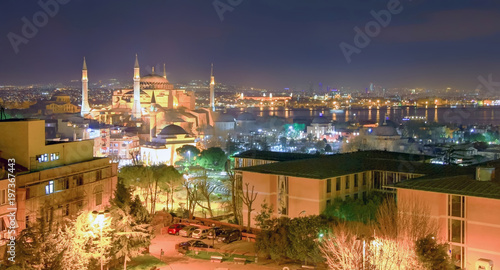 Evening illumination of the Hagia Sophia. Istanbul, Turkey.