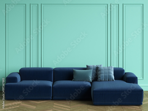 Blue sofa in classic interior with copy space.Turquoise color walls with mouldings. Floor parquet herringbone.Digital Illustration.3d rendering