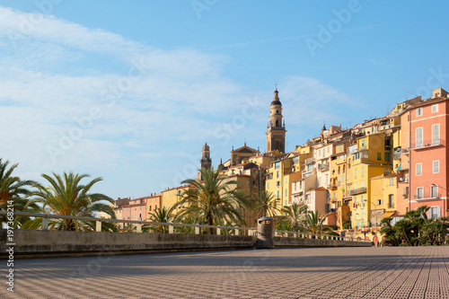 Beautiful view of promenade and old medieval town Menton on french riviera in France.