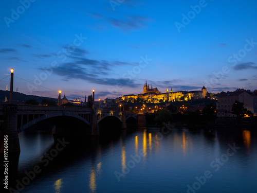 Amazing view of Prague town  Vltava river and Vitus Cathedral at late evening in Prague  Czech Republic
