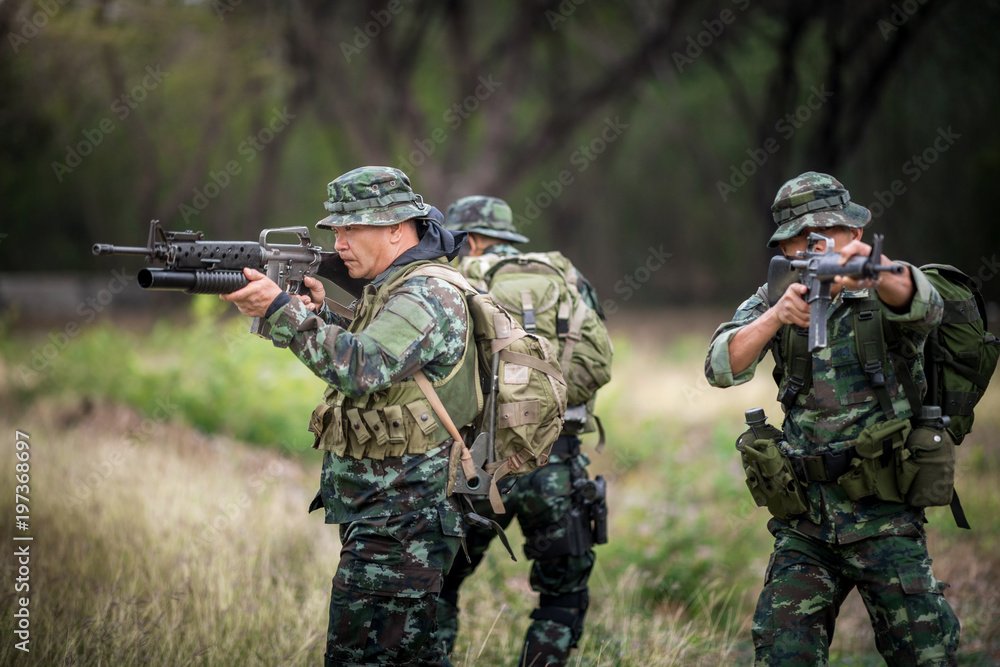 Squad of soldiers patrolling across the forest area. Squad of soldiers patrolling across the forest area.