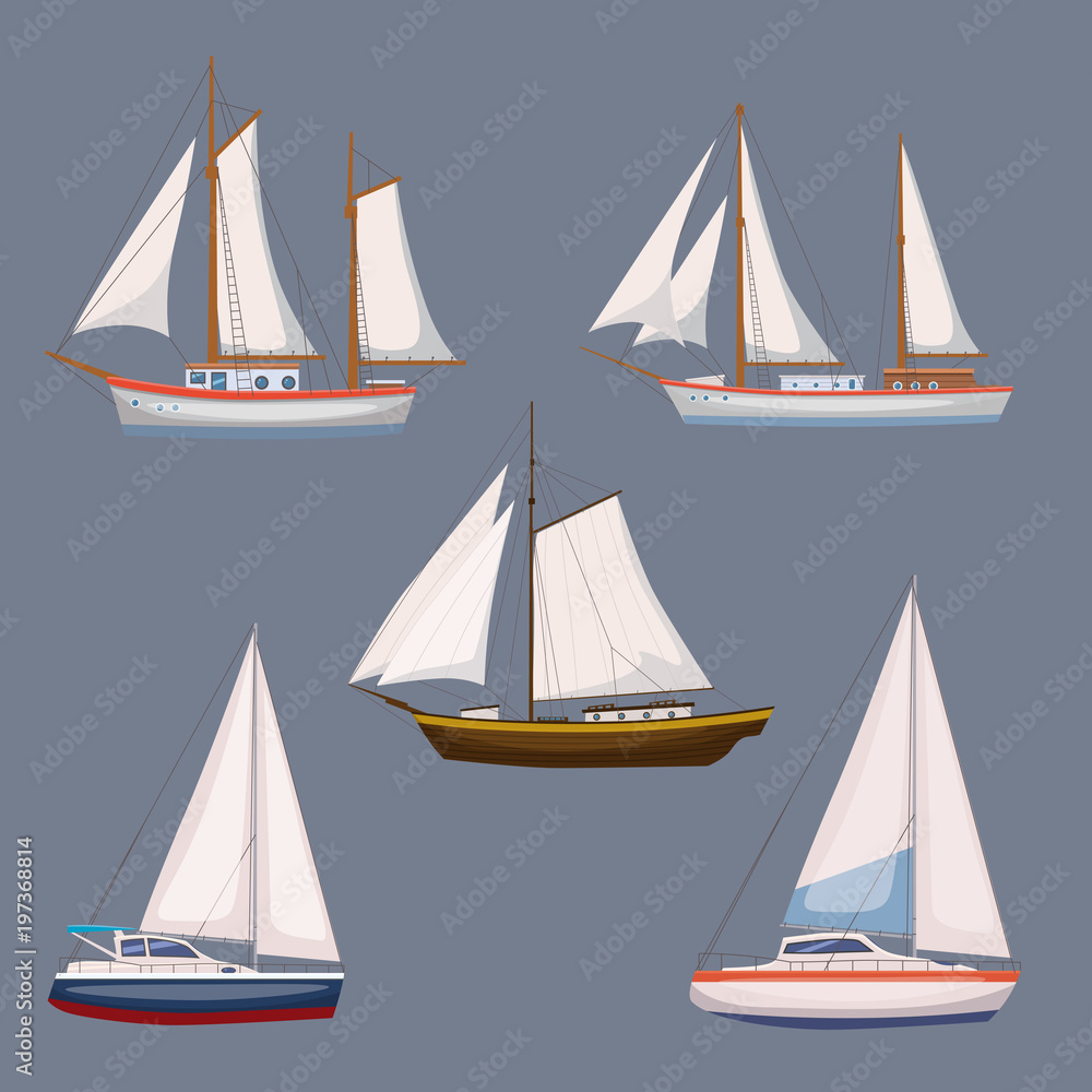 Obraz premium Super set of water carriage and maritime transport in modern cartoon design style. Ship, boat, vessel, cargo ship, cruise ship, yacht. Isolated