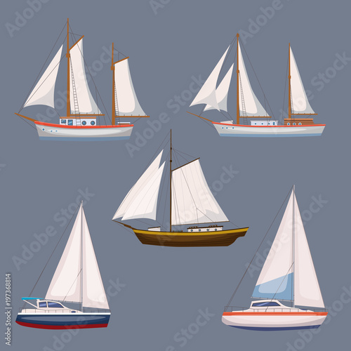 Super set of water carriage and maritime transport in modern cartoon design style. Ship, boat, vessel, cargo ship, cruise ship, yacht. Isolated