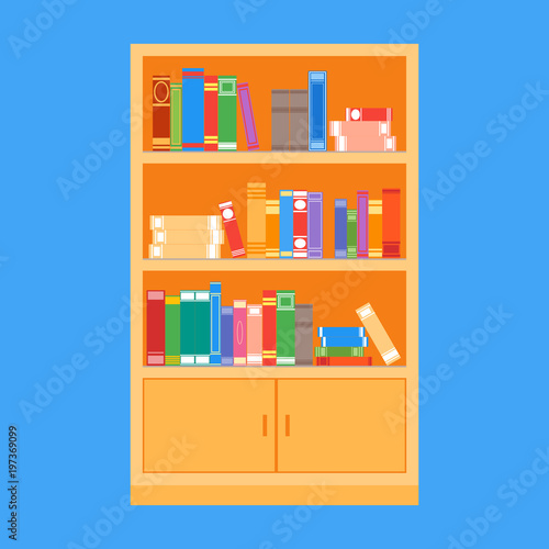 A large wooden bookcase on a blue background. Flat style. Different books on the shelves. Vector illustration
