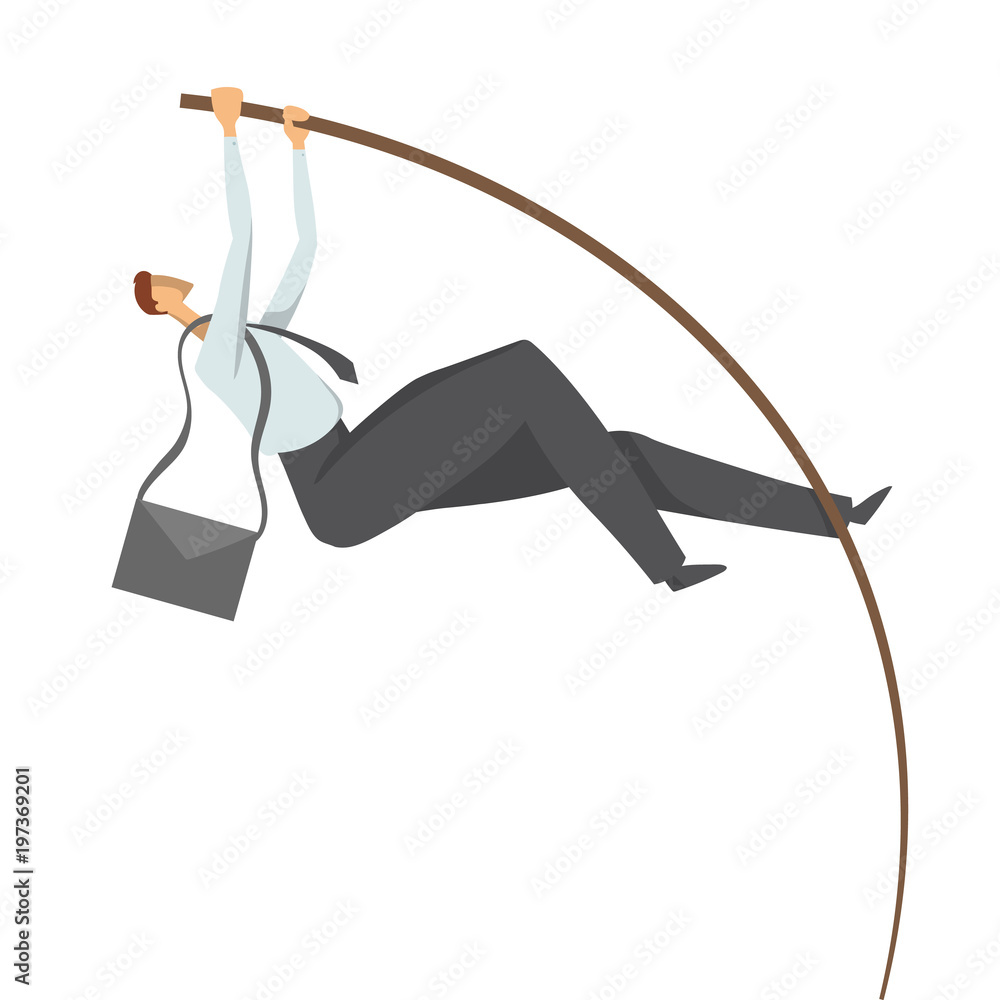 Businessman, a man in a business suit doing pole vaulting. Jump to success, concept vector illustration, isolated on white background. Businessman, a man in a business suit doing pole vaulting. Jump to success, concept vector illustration, isolated on white background.