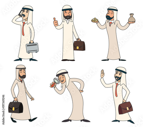Lineart arab businessman character icons set retro vintage cartoon design vector illustration