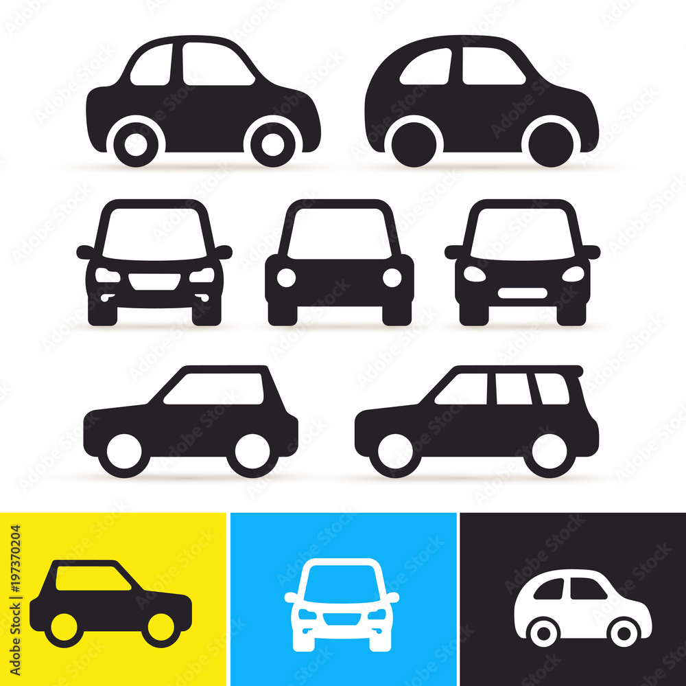 Set of Car. Monochrome icon on the sign. Side view and front view. Vector illustration. Isolated on white background