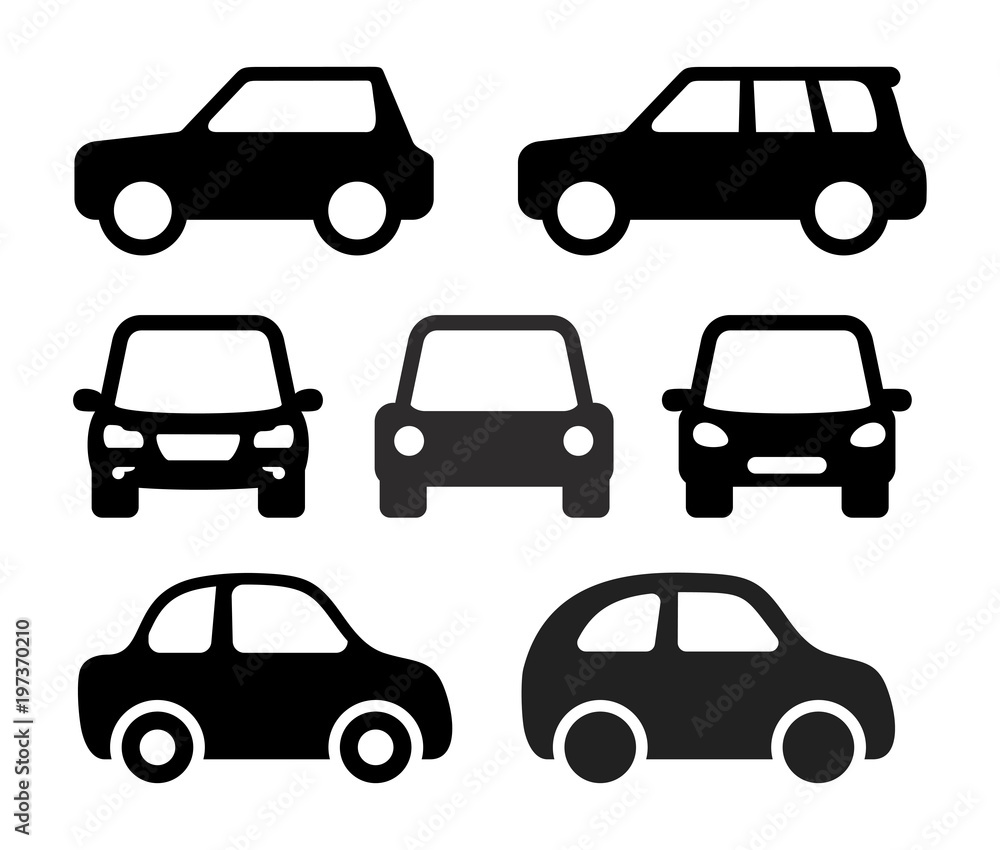 Set of Car. Monochrome icon. Side view and front view. Vector illustration. Isolated on white background