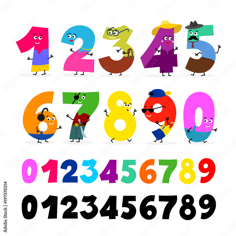 Set of cartoon figures. Smiling children's school characters numbers. Vector illustration color figures. Funny cartoon numbers and mathematical operation signs. Isolated on white background